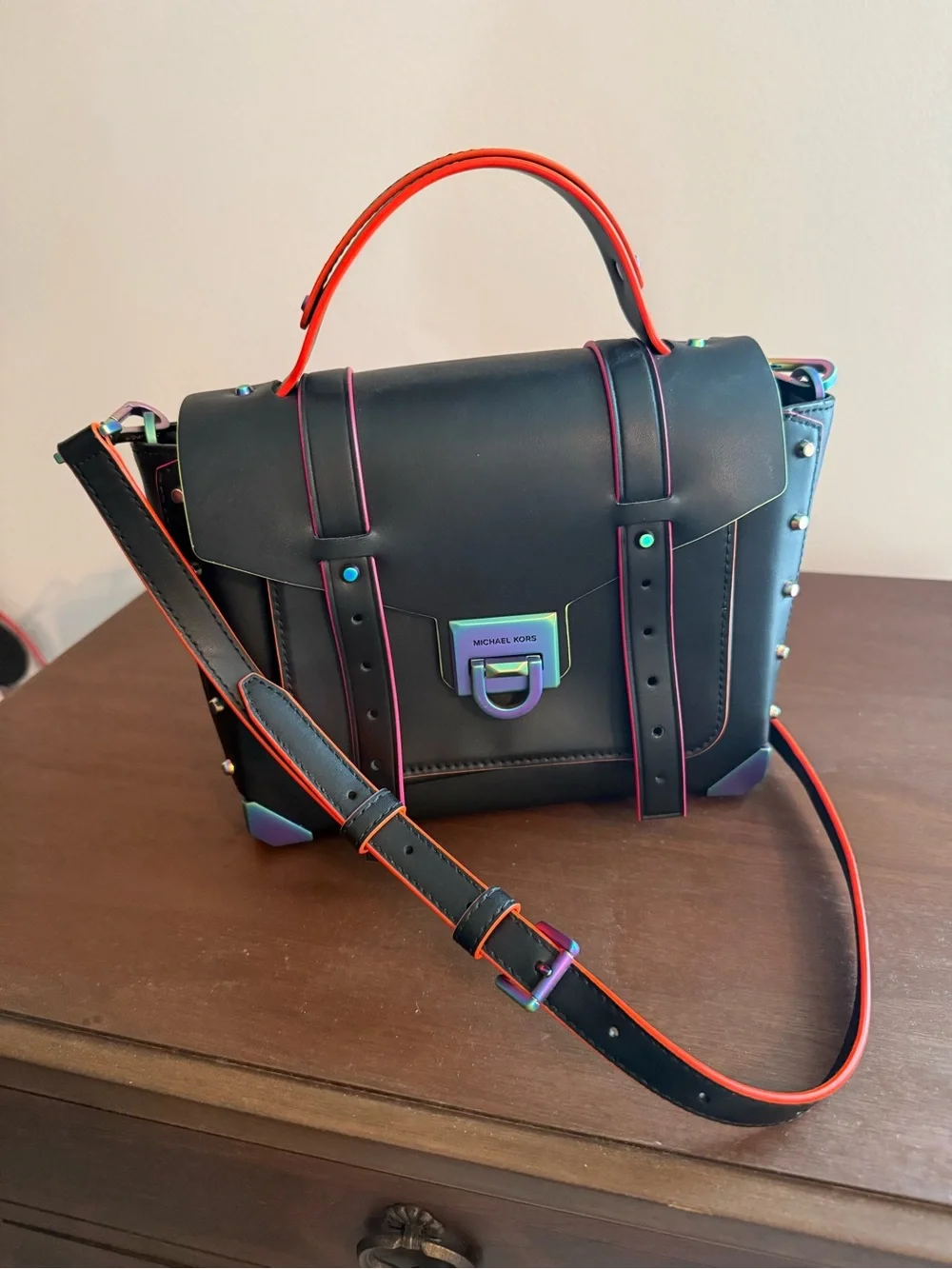 Michael Kors Manhattan Black Leather Satchel Rainbow Hardware EUC